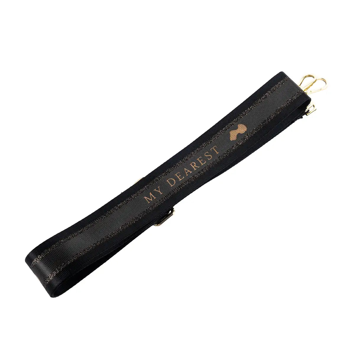 Black leather strap with 'MY DEAREST' engraving in a brass colour - photographed on a white background.