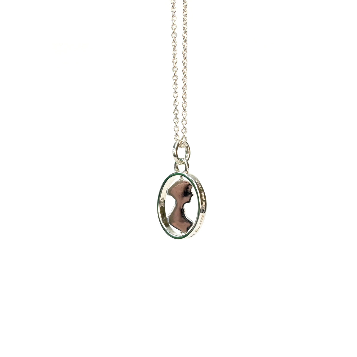 Silver Spinner Necklace showing Jane Austen's Silhouette