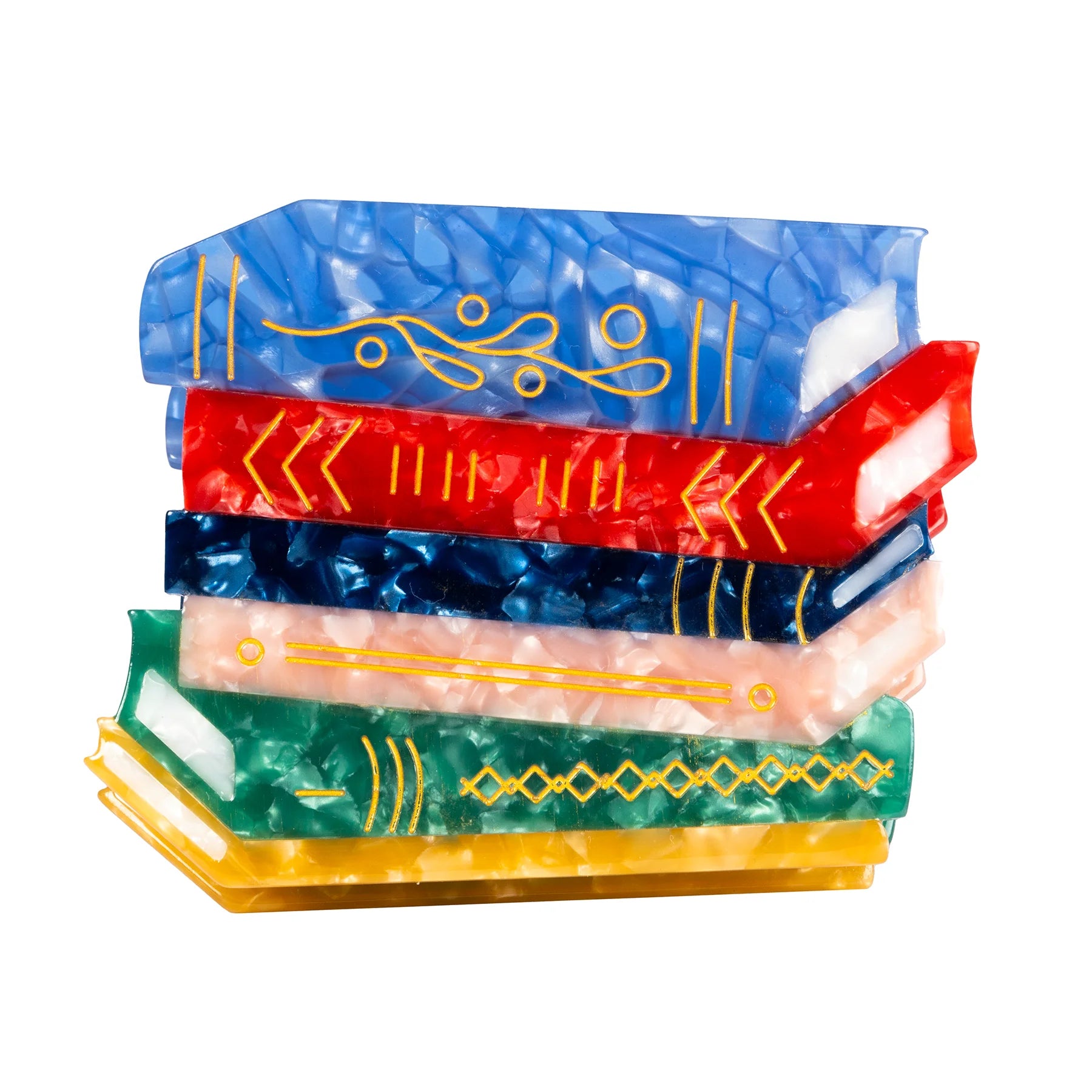Side view of a Hair Claw Clip that looks like a stack of novels