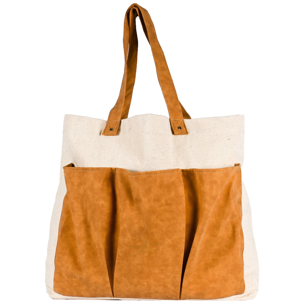 The reverse of the tote bag, showing faux suede outer pockets.