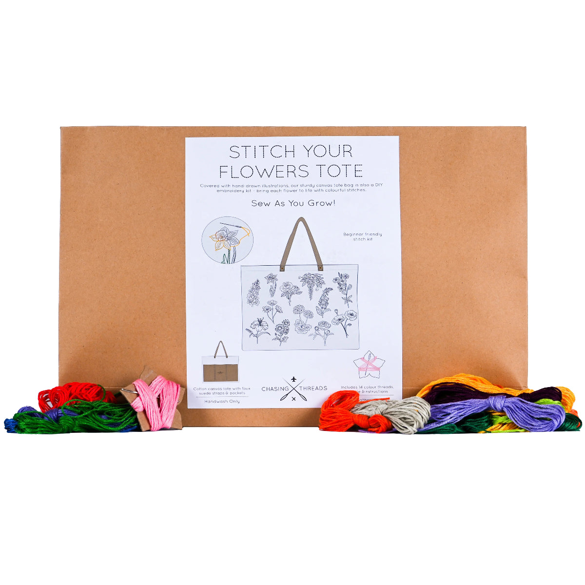 Paper packaging for the kit with the colourful thread laid out in front.