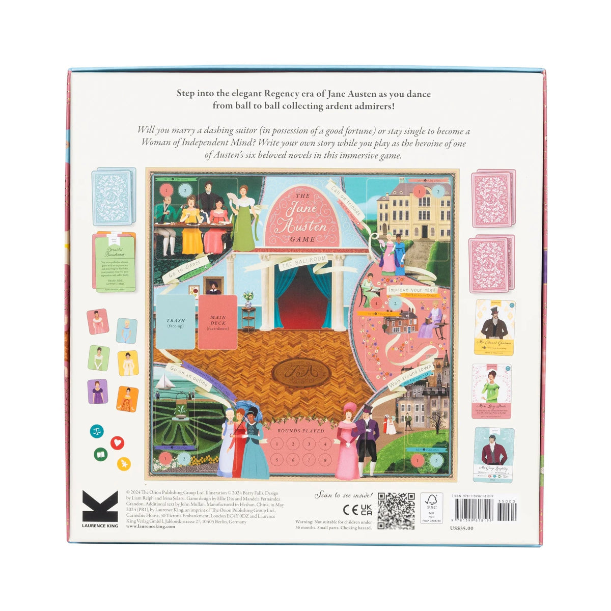 The bottom of the Jane Austen board game box. Illustrations include an image of the board and some game tokens and cards. Text has an overview of the game.