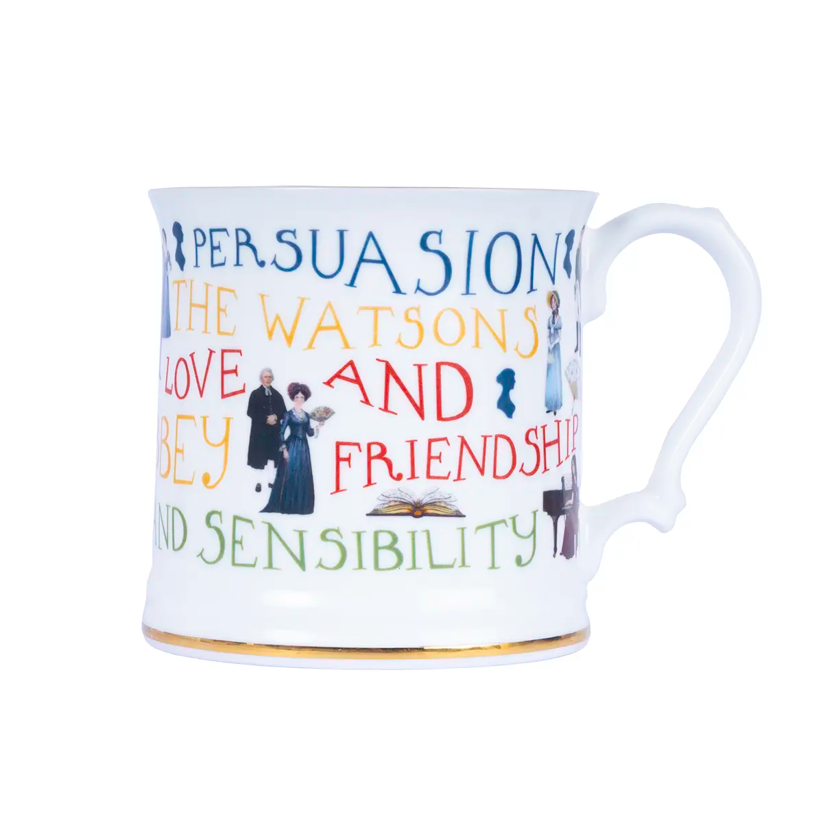 limited edition mug featuring the titles of Jane Austen's novels and illustrations of her characters