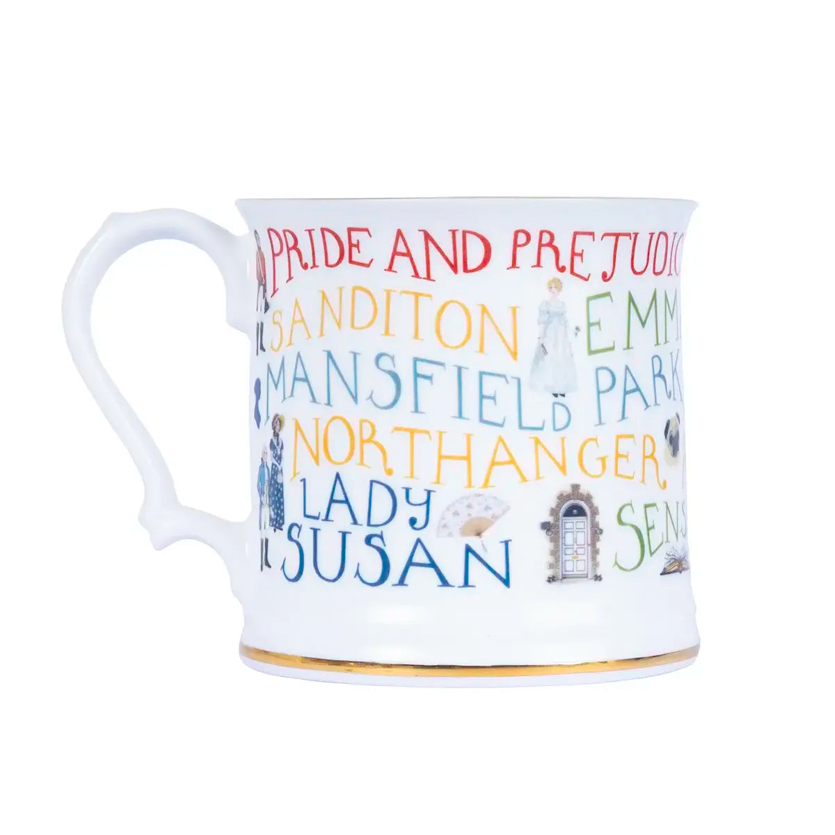 limited edition mug featuring the titles of Jane Austen's novels and illustrations of her characters