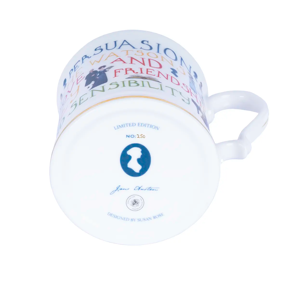 shot from below of limited edition mug featuring the titles of Jane Austen's novels and illustrations of her characters; the item is numbered