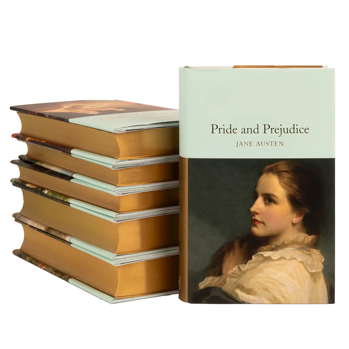 A stack of gilt-edged Jane Austen hardbacks against a white background