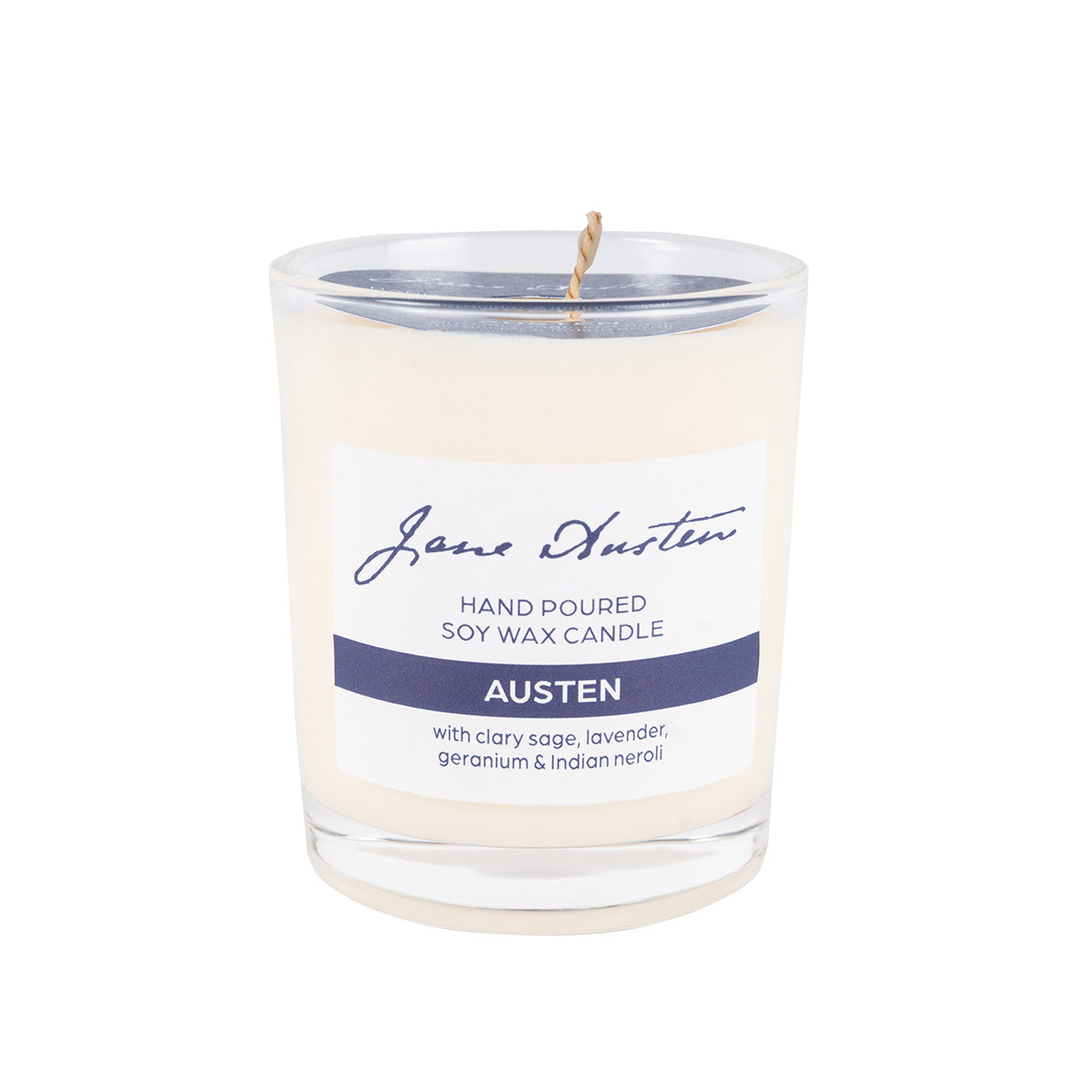 Austen candle (blue label). Hand poured soy wax candle 'Austen' with clary sage, lavender, geranium and Indian neroli.