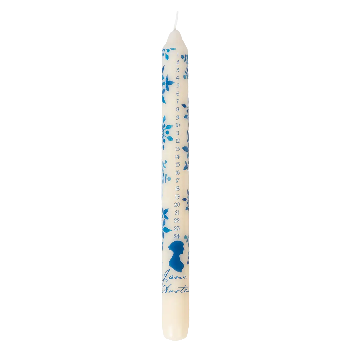 A white advent candle with blue printed Jane Austen patterns and numbers