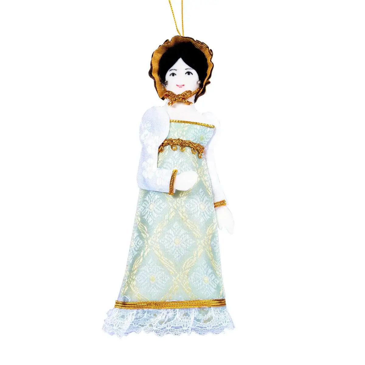 anne elliot doll with mint dress, gold detailing, and bonnet against white background front shot