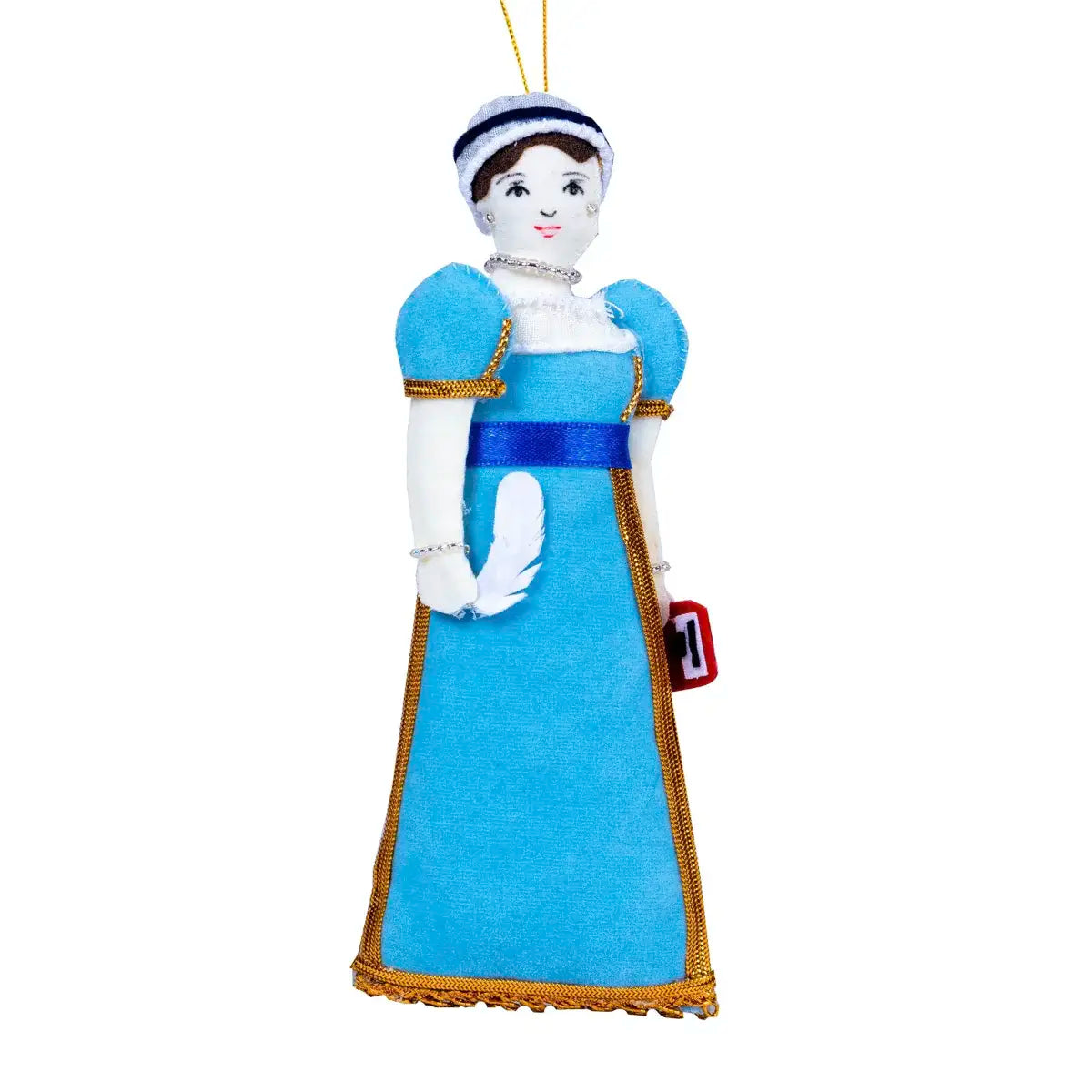 Jane Austen felt doll with feather quill and gold piping front view