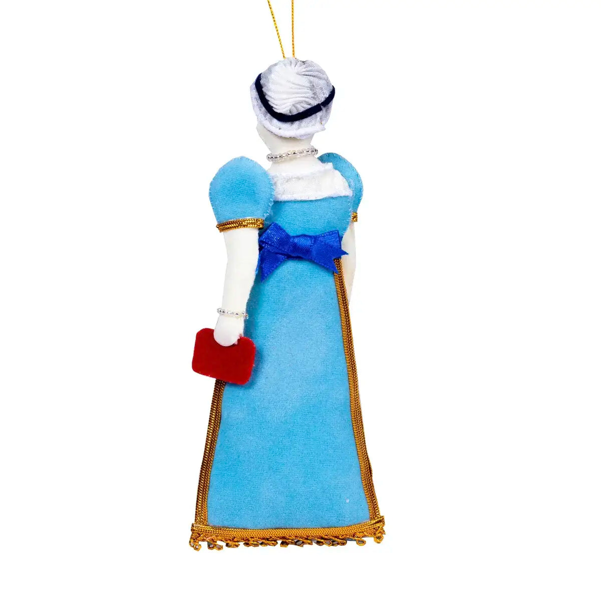 Jane austen felt doll with red book, bonnet, and blue dress with gold piping.