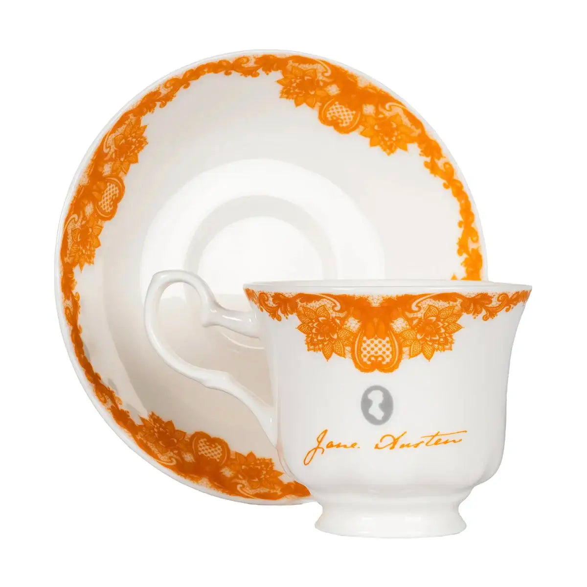 White bone china teacup with orange decoration