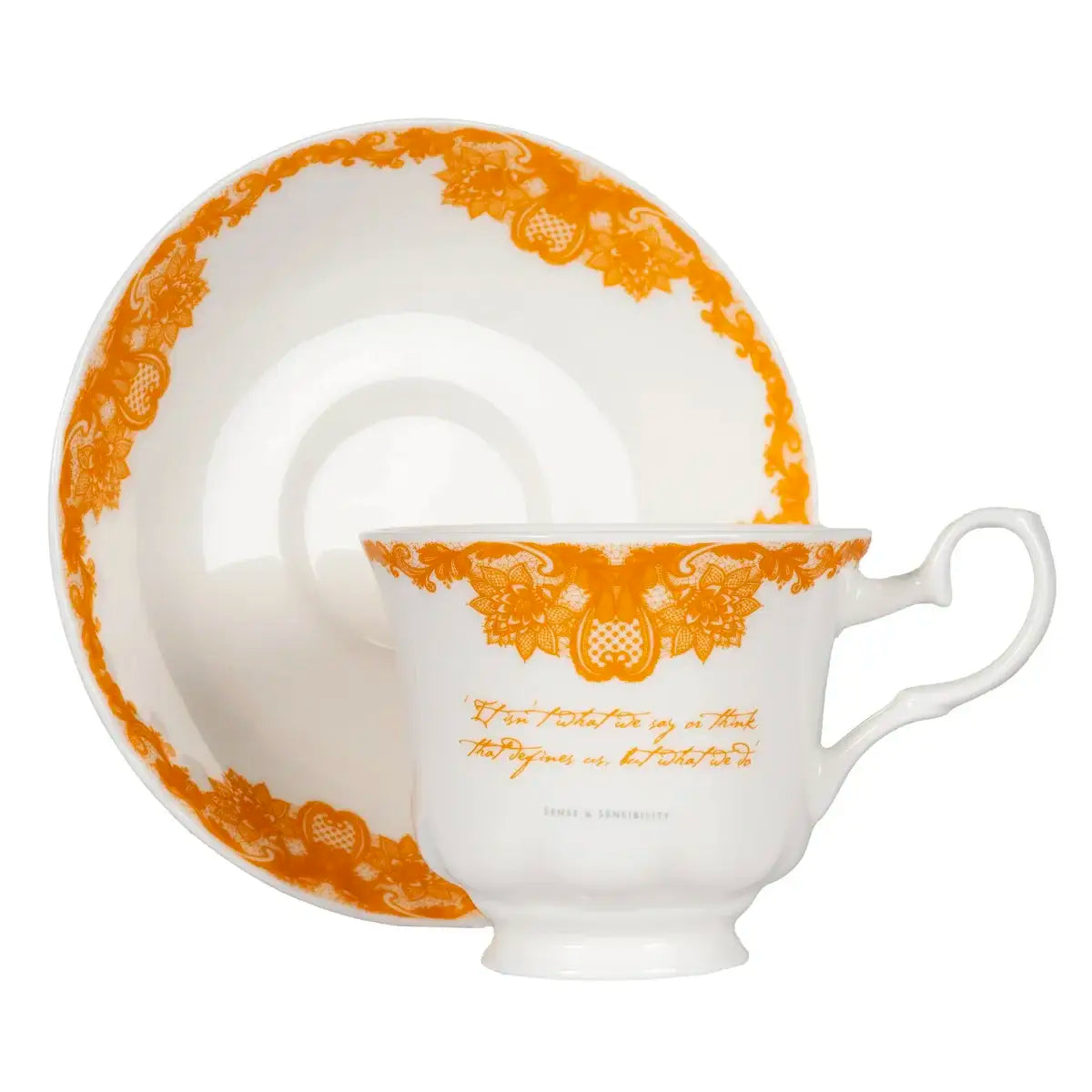 white bone china teacup with orange decoration and a quote from sense and sensibility