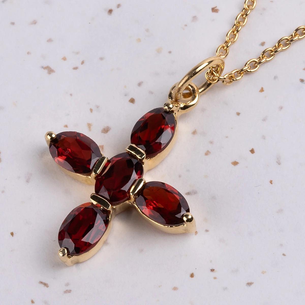 Elizabeth Bennet Garnet and Gold Plated Silver Cross Necklace - JaneAusten.co.uk