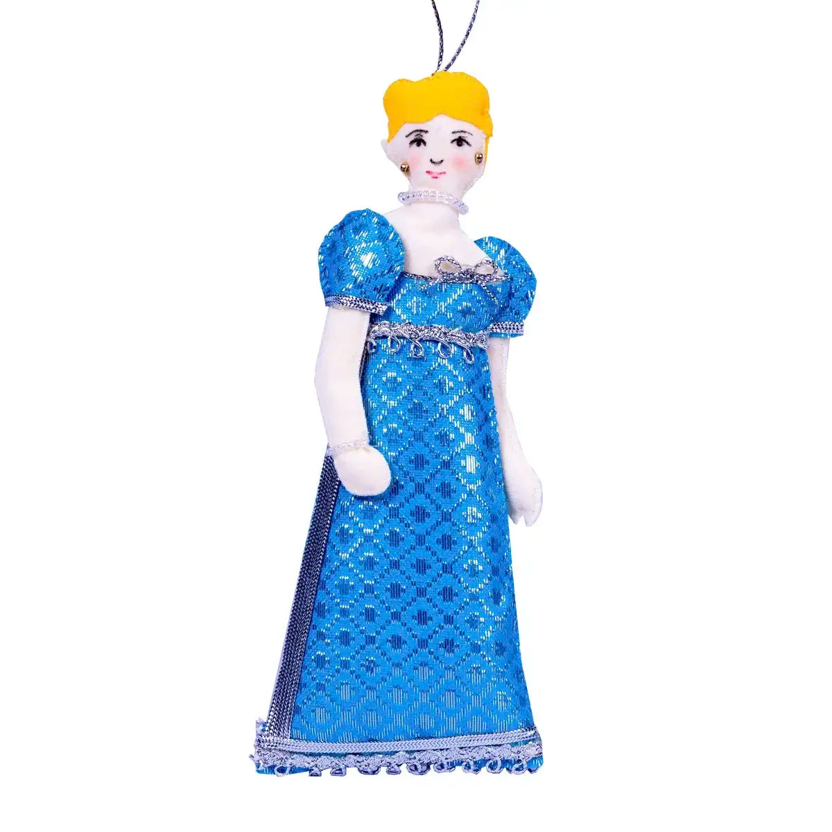 felt emma doll with earrings and shiny blue skirt