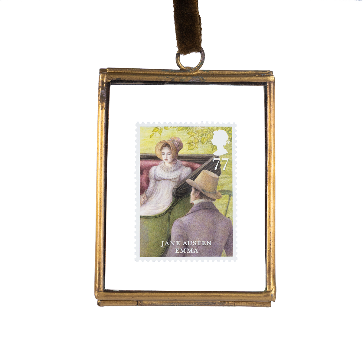 A framed limited edition commemorative stamp featuring Emma Woodhouse and Mr. George Knightley from Jane Austen's novel Emma
