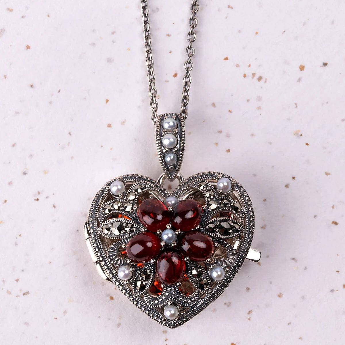 Heart Locket Necklace in Garnet, Marcasite, Freshwater Pearl and Silver - JaneAusten.co.uk