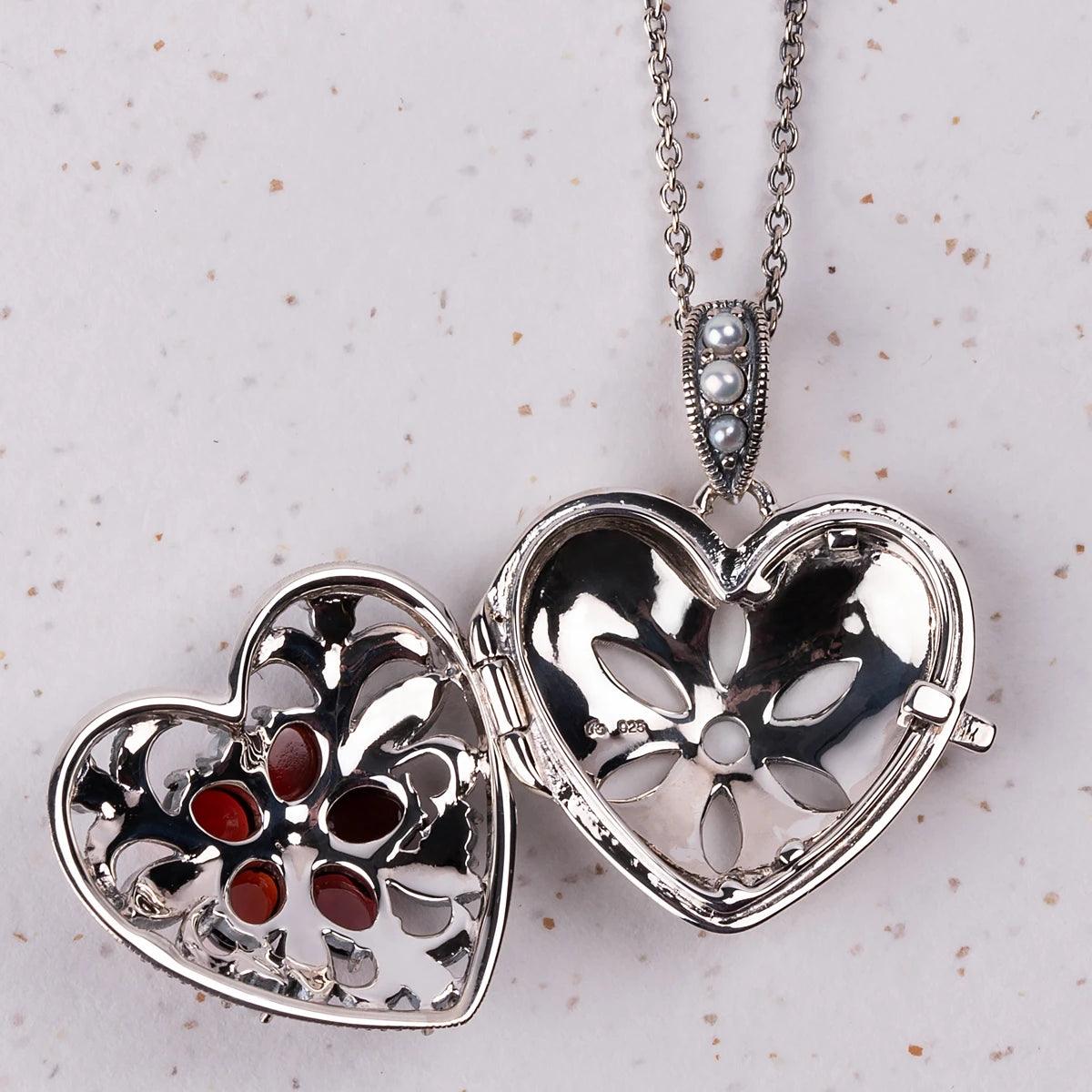 Heart Locket Necklace in Garnet, Marcasite, Freshwater Pearl and Silver - JaneAusten.co.uk