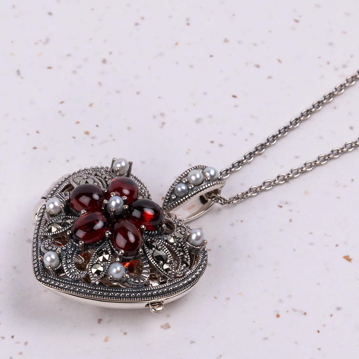 Heart Locket Necklace in Garnet, Marcasite, Freshwater Pearl and Silver - JaneAusten.co.uk