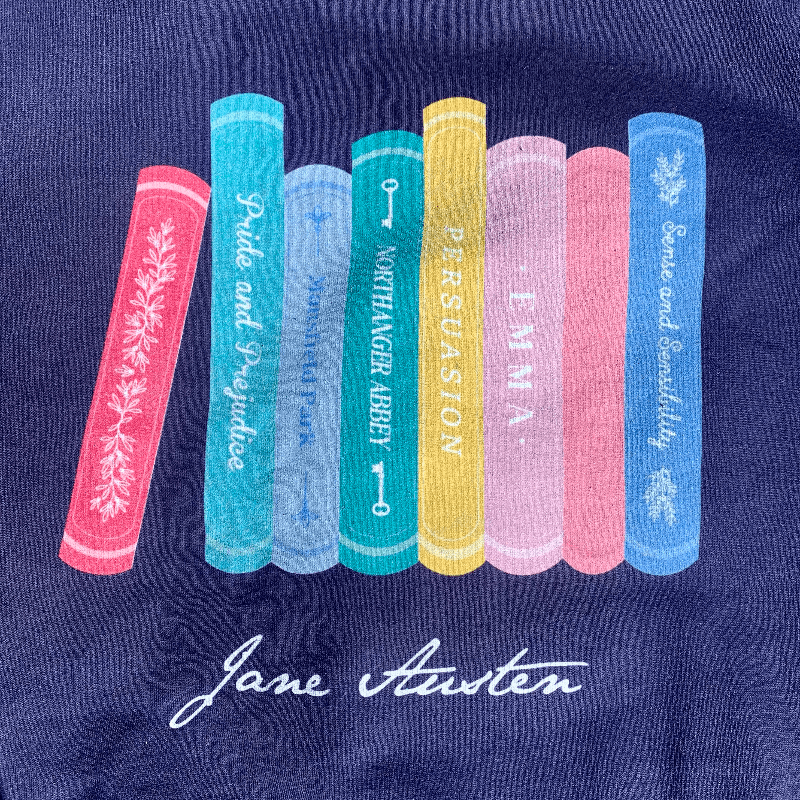 Made from a soft blend of 80% cotton and 20% polyester, the adorable design illustrates all of Jane Austen completed novels, from Pride & Prejudice to Persuasion.   Available in Navy Blue, this Jane Austen Sweater makes a thoughtful gift for any lover of Jane Austen's novels and characters. 