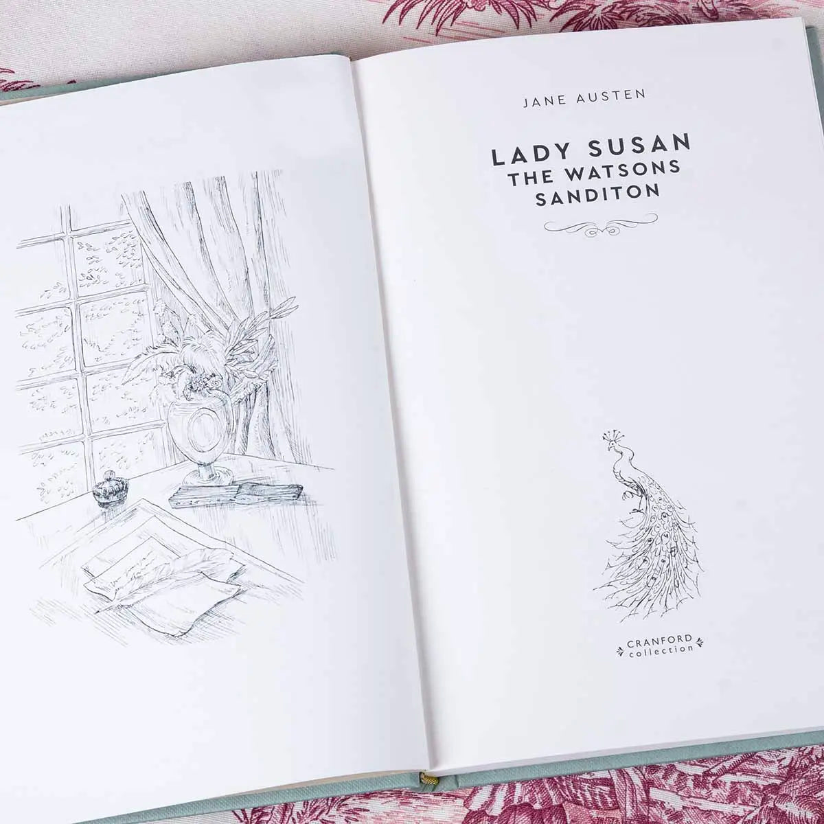 title page of lady susan, cranford edition, with peacock and writing table illustrations