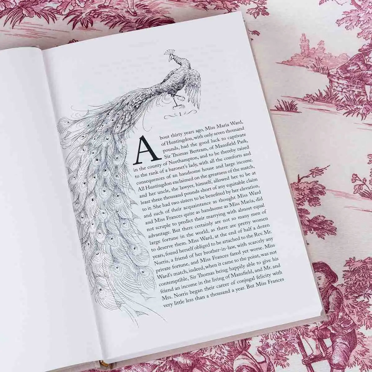 first page of chapter 1 of mansfield park by jane austen with peacock illustration