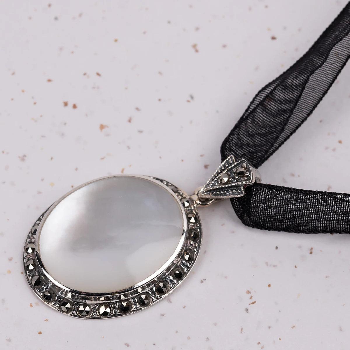 Jane Austen Mother of Pearl, Marcasite and Sterling Silver Persuasion Pendant - JaneAusten.co.uk