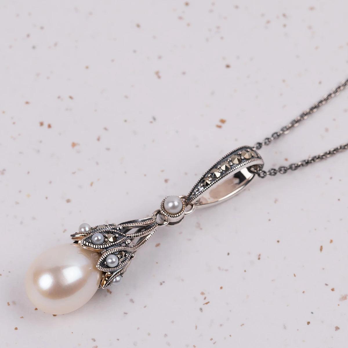 Dashwood Silver, Freshwater Pearl and Marcasite Necklace - JaneAusten.co.uk