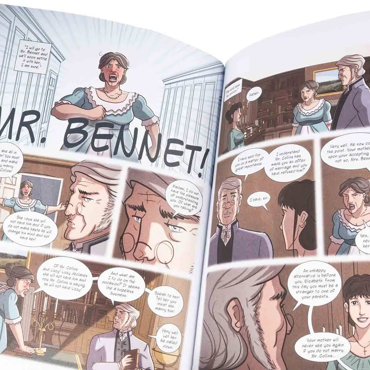 Open spread of book showing Mrs Bennet running and shouting "MR BENNET!", alongside other illustrations.