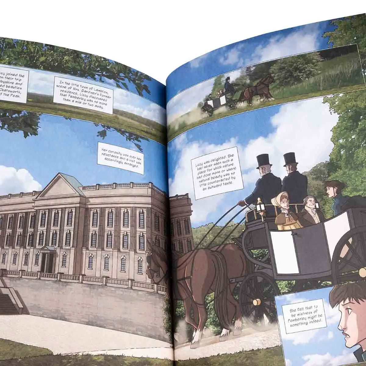Inside spread illustration of Lizzy and her relatives in a carriage with Pemberley standing proudly in the background.