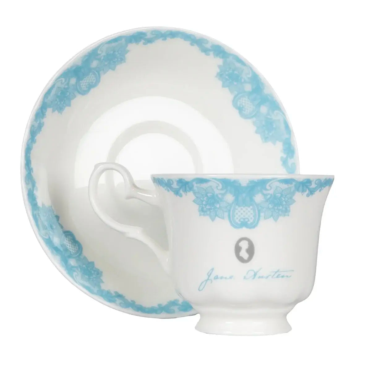 White and blue bone china pride and prejudice teacup and saucer against a white background