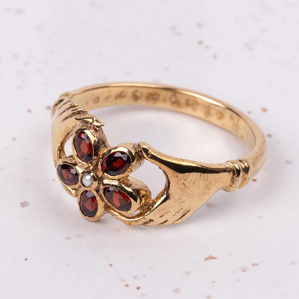 Jane Austen Gold Plated with Garnet and Pearl Regency Ring - JaneAusten.co.uk