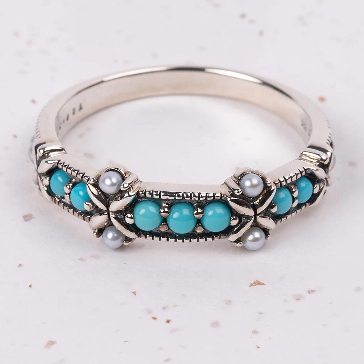 Jane Austen Silver, Turquoise & Freshwater Pearl Ring - JaneAusten.co.uk