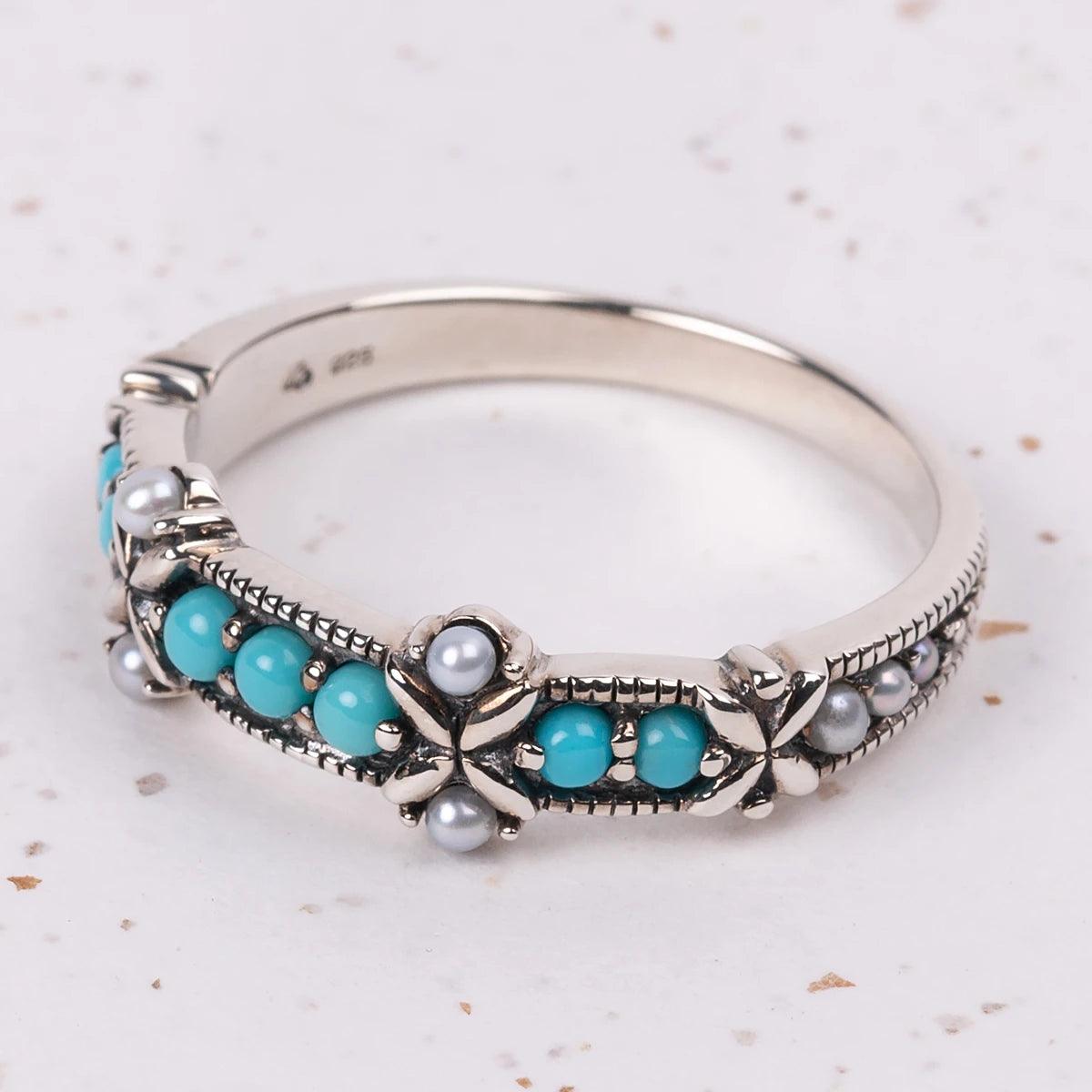 Jane Austen Silver, Turquoise & Freshwater Pearl Ring - JaneAusten.co.uk