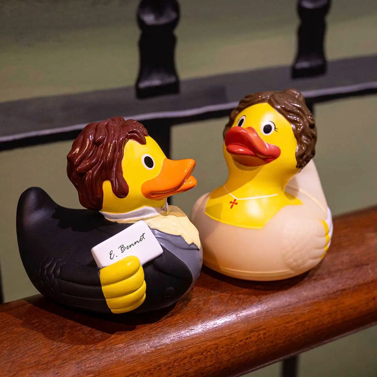 Lizzie and Darcy ducks on a wooden railing