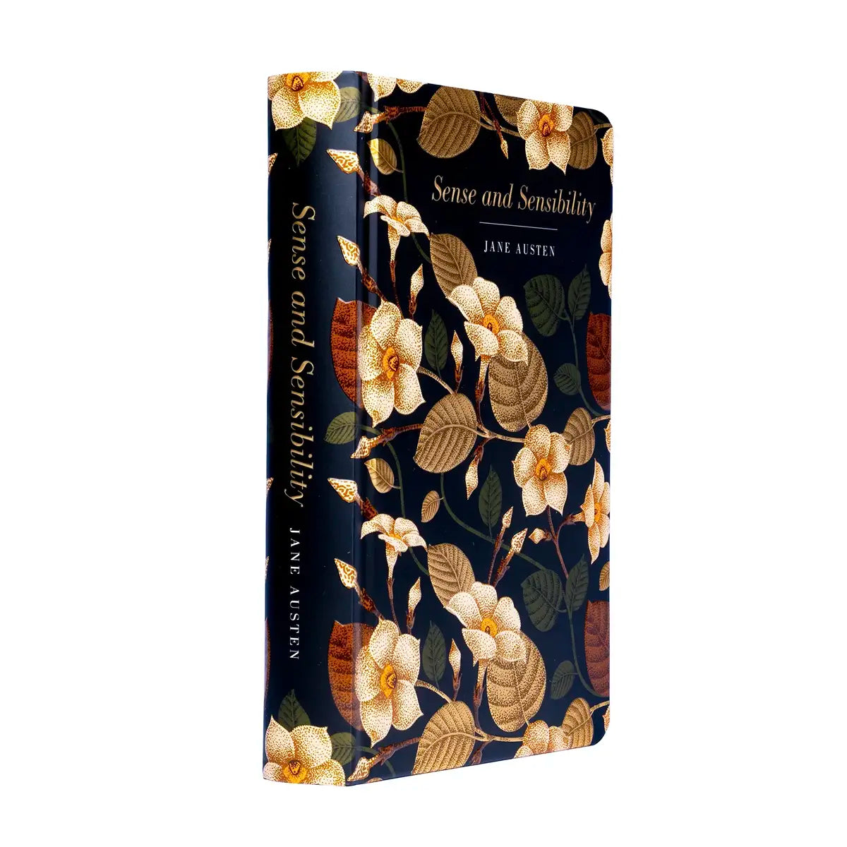 spine and front cover of luxury edition of sense and sensibility by jane austen featuring flowers and leaves