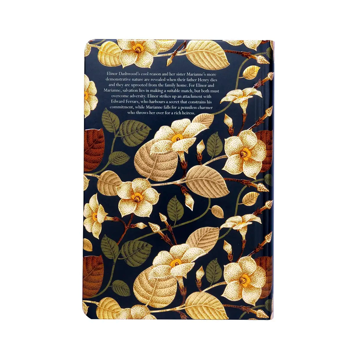 back cover of luxury edition of sense and sensibility by jane austen featuring flowers and leaves