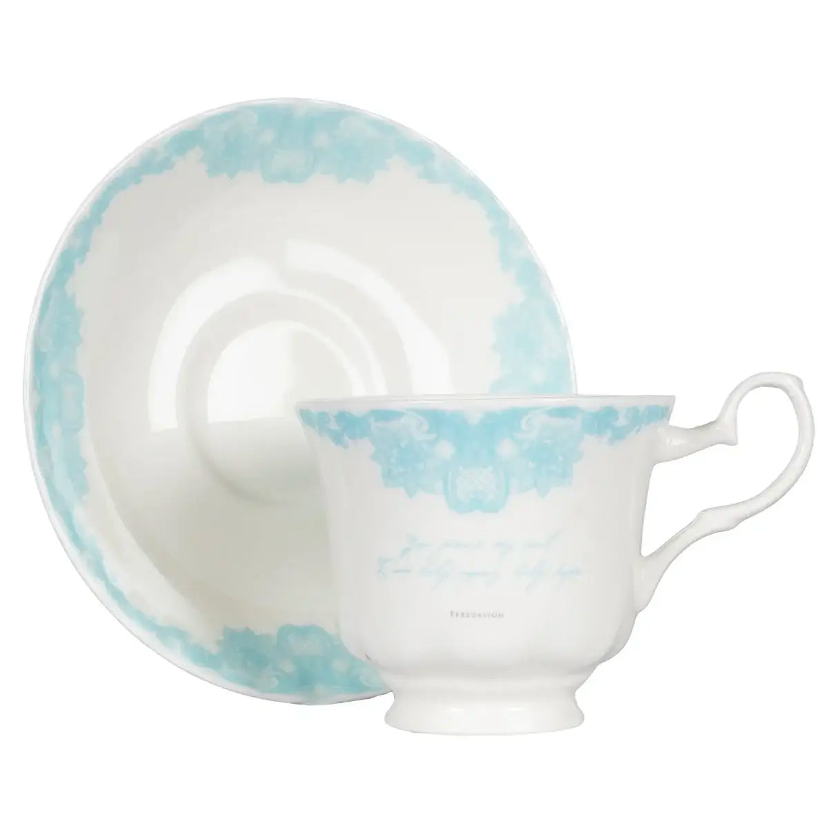 back of jane austen teacup with a quote from persuasion by jane austen