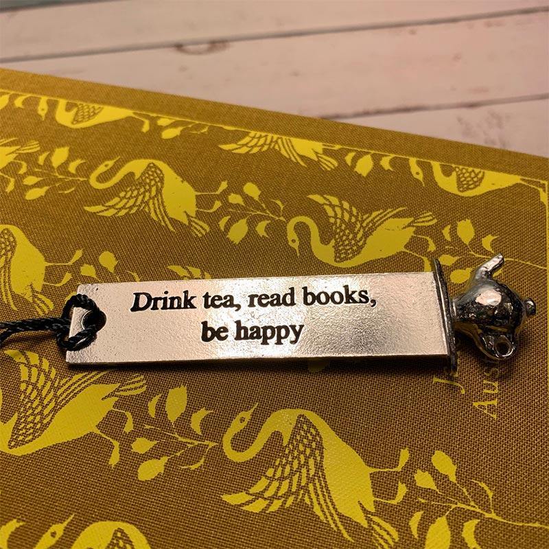 'Drink Tea, Read Books and Be Happy' Teapot Design Pewter Bookmark - JaneAusten.co.uk