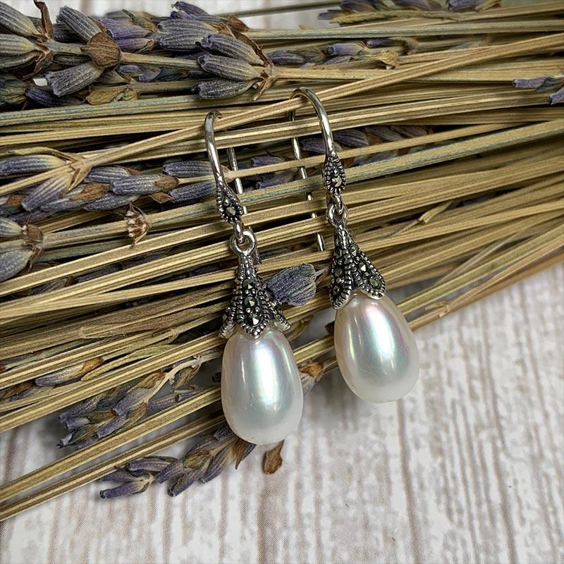 Dashwood Freshwater Pearl and Marcasite Silver Earrings - JaneAusten.co.uk