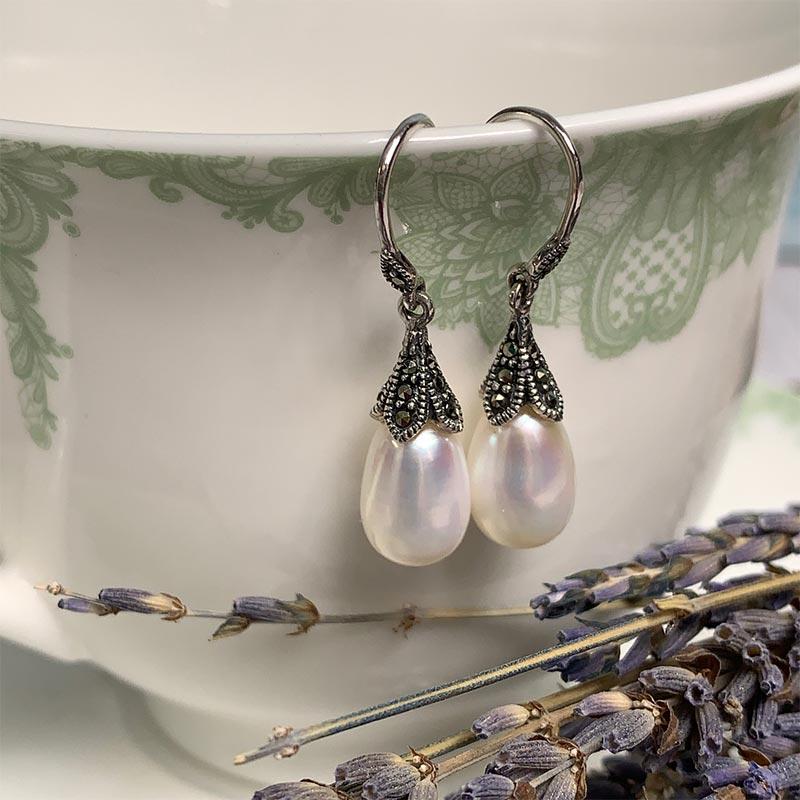 Dashwood Freshwater Pearl and Marcasite Silver Earrings - JaneAusten.co.uk