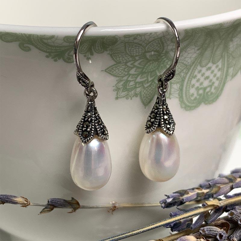 Dashwood Freshwater Pearl and Marcasite Silver Earrings - JaneAusten.co.uk