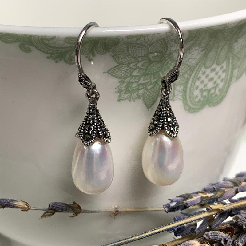 Dashwood Freshwater Pearl and Marcasite Silver Earrings - JaneAusten.co.uk