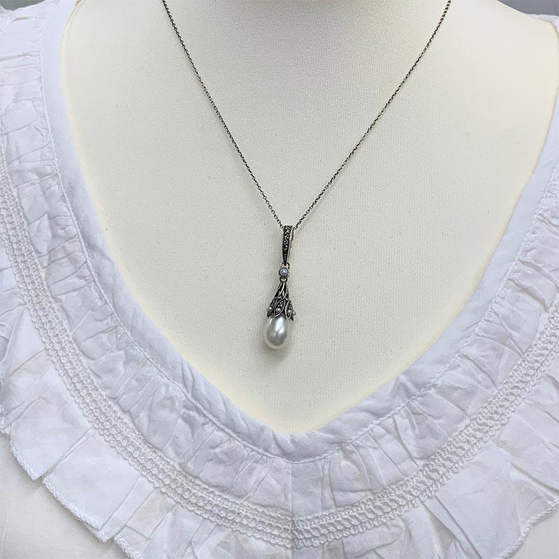 Dashwood Freshwater Pearl and Marcasite Silver Necklace - JaneAusten.co.uk