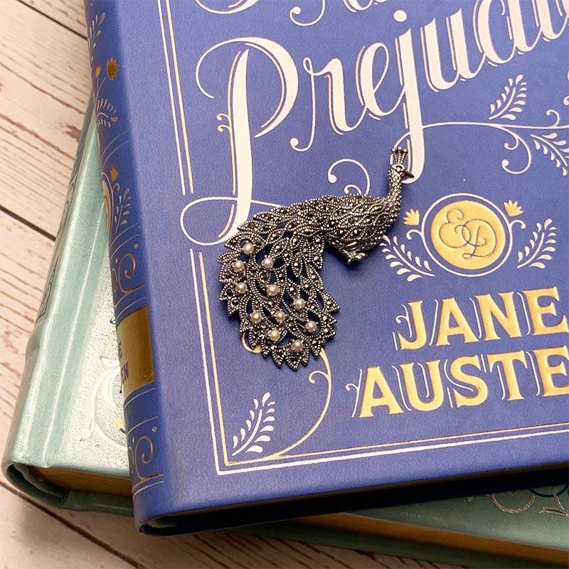 Pride and Prejudice Silver, Marcasite and Pearls Peacock Brooch
