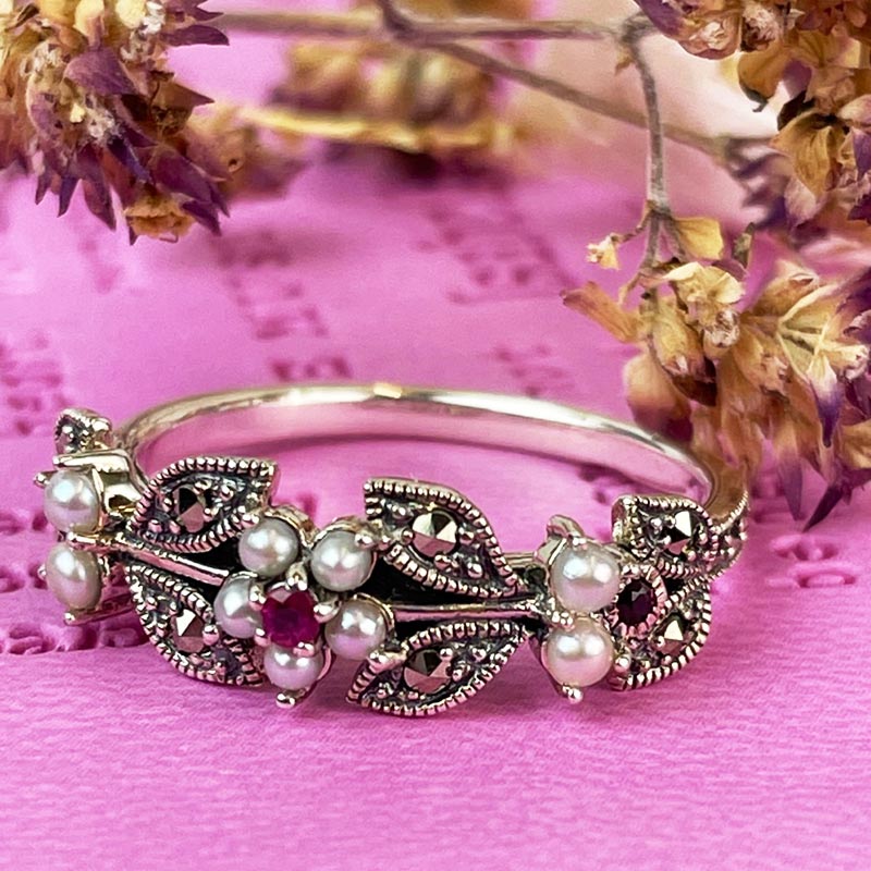 Jane Austen Elliot Ruby Ring - Silver, Freshwater Pearl and Marcasite