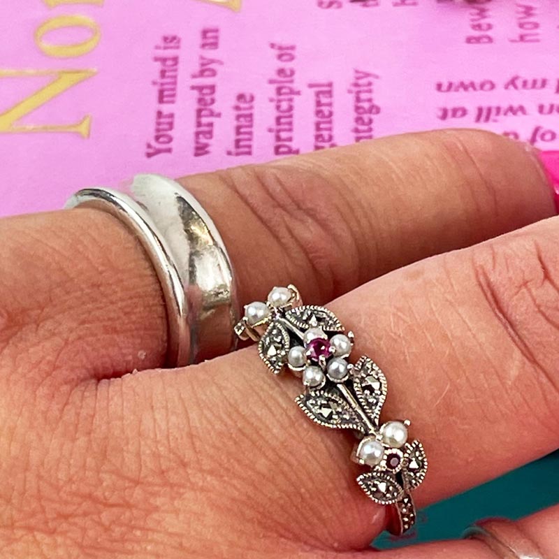 Jane Austen Elliot Ruby Ring - Silver, Freshwater Pearl and Marcasite