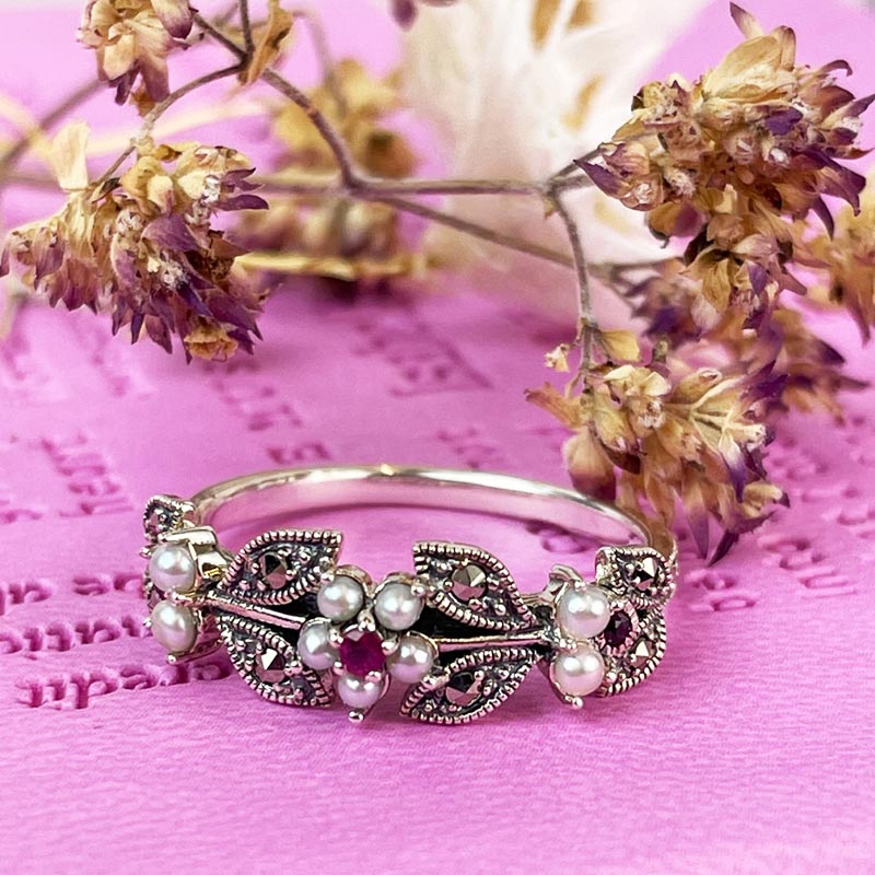 Jane Austen Elliot Ruby Ring - Silver, Freshwater Pearl and Marcasite