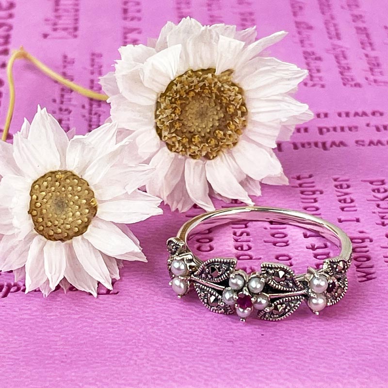 Jane Austen Elliot Ruby Ring - Silver, Freshwater Pearl and Marcasite