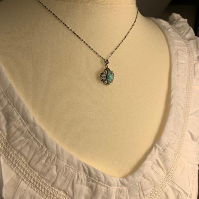 Turquoise, Marcasite and Freshwater Pearl Sterling Silver Necklace - JaneAusten.co.uk